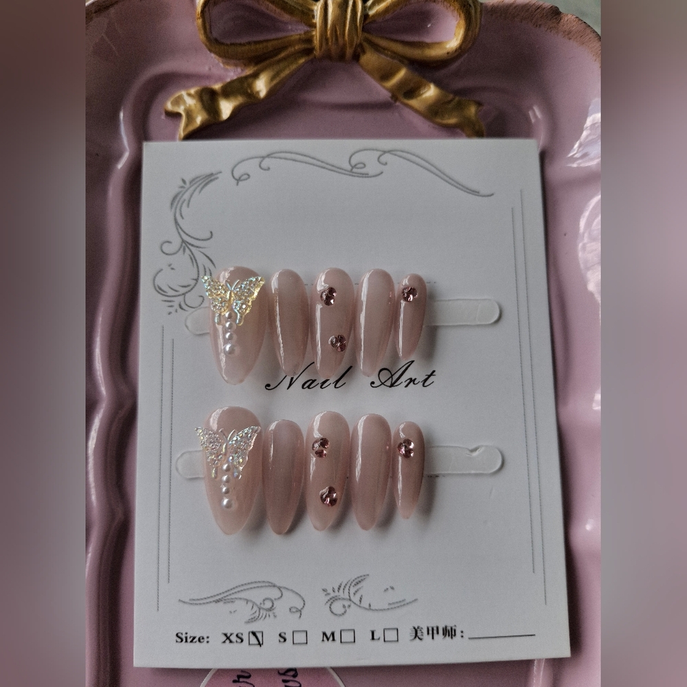 Chic Pink Nude Press-On Nails with Butterfly and Gem Accents Size XS Extra Small